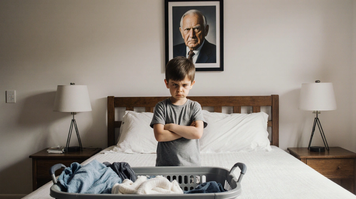 Child stands with arms crossed and hands on hips with laundry basket at feet and father's strict photo on wall behind
