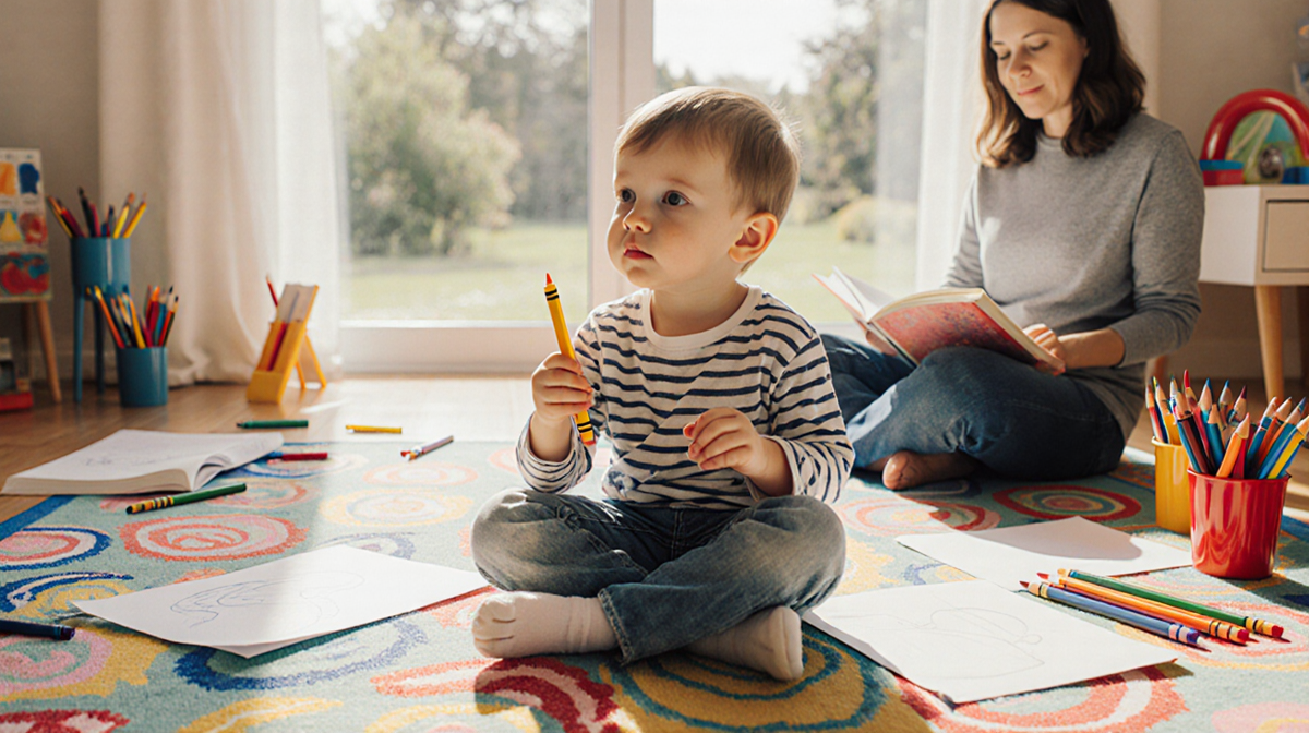 Child sits on colorful rug holding crayon with drawings around and caregiver reads book near pane with blurred nature.