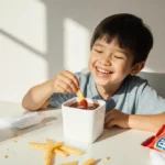 Happy child dipping french fry into Heinz ketchup dipper with milk and chips on white table