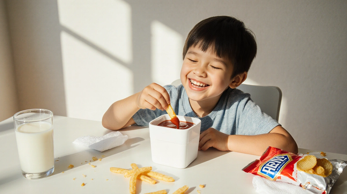 Happy child dipping french fry into Heinz ketchup dipper with milk and chips on white table