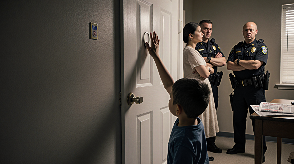 Boy knocks on closed door with parents' faces visible in peephole and stern ICE officers standing in background.