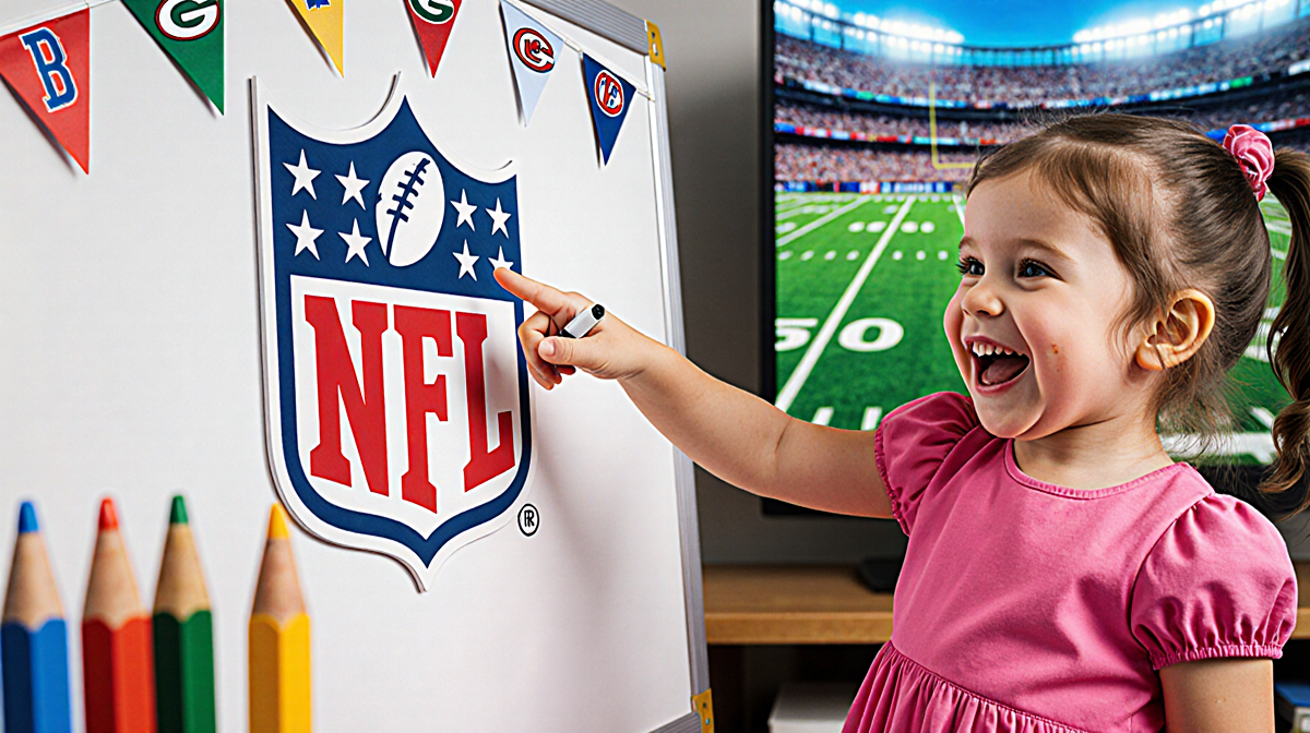 Child points to football team logo on whiteboard with bright pink dress and marker and background shows blurred football game