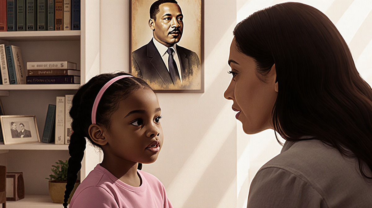 Young girl listening to woman speaking on history with books showing Civil Rights symbols in light
