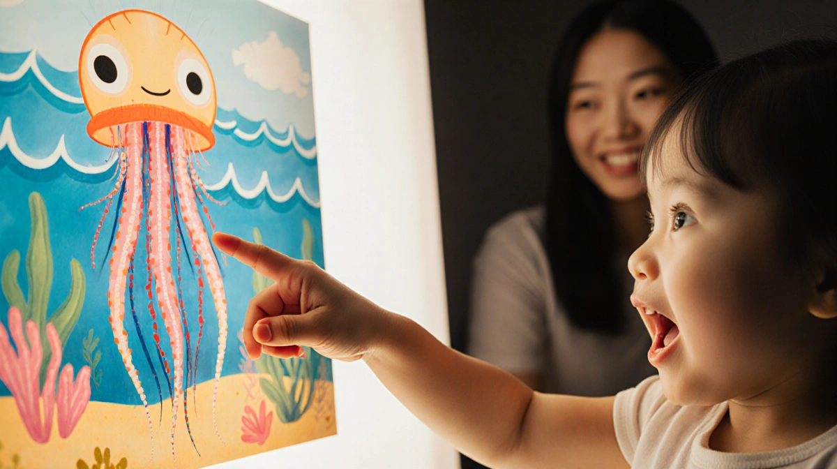 Shai points at a jellyfish illustration with waves and marine life in background while mother Naomi Osaka smiles gently