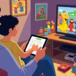 Young child watches Sesame Street on tablet while sitting on parent