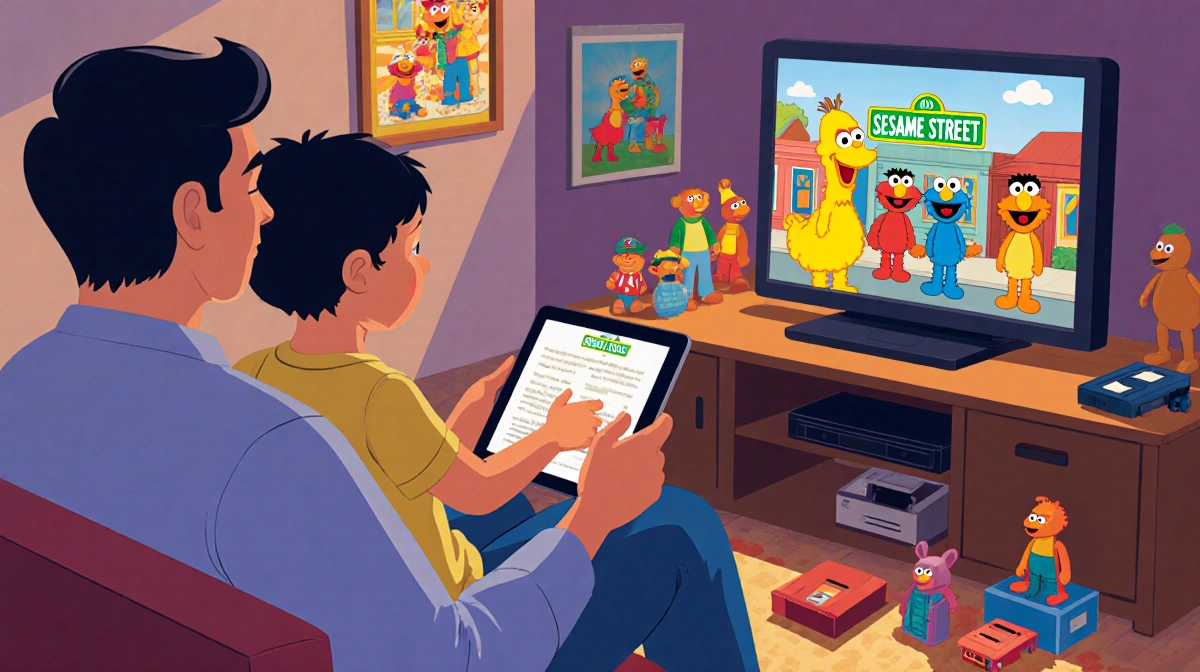 Young child watches Sesame Street on tablet while sitting on parent