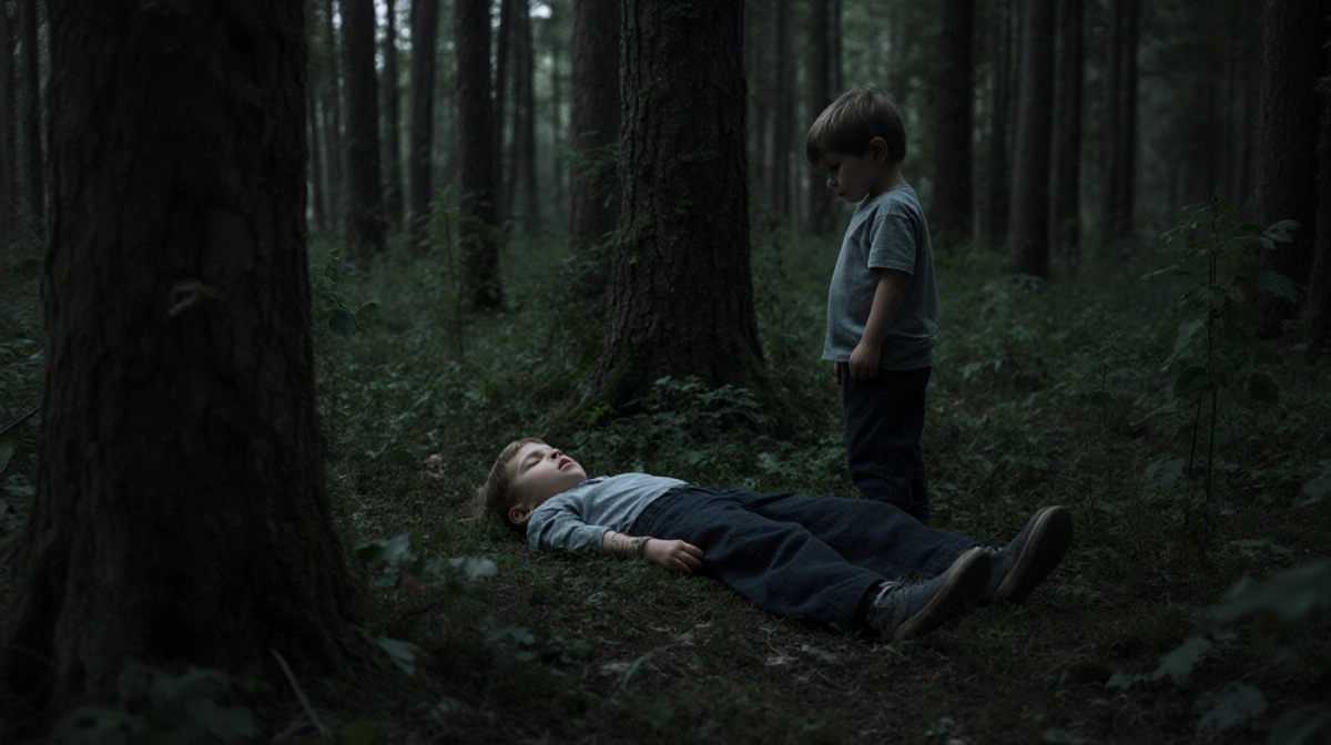 A child lies motionless on the forest ground with another child standing nearby showing shock and guilt