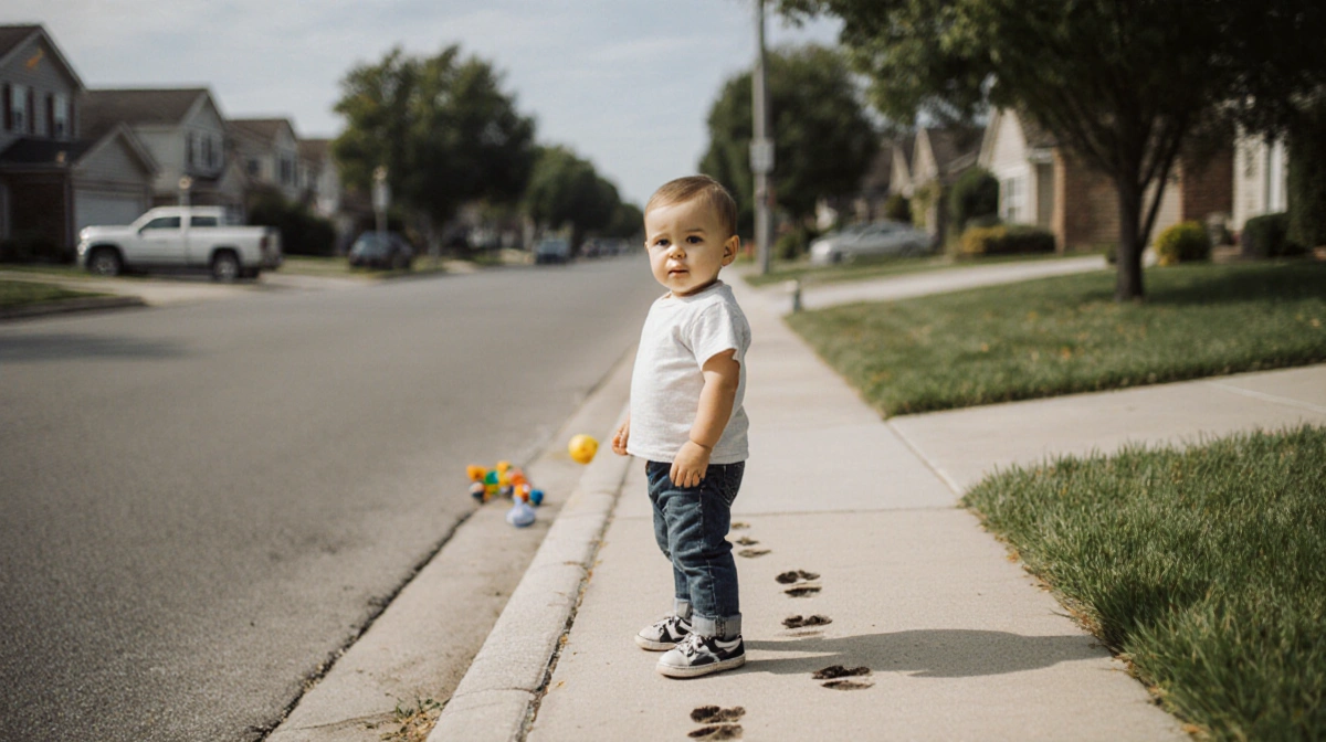 Two-year-old child standing on suburban sidewalk with empty stroller and lingering footprints
