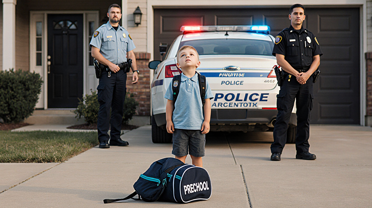 Liam looking up at a squad car with a knocked-over backpack and an ICE officer nearby