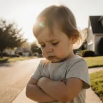Child standing before suburban home with arms crossed and eyes looking down in worried expression in sunlit neighborhood.