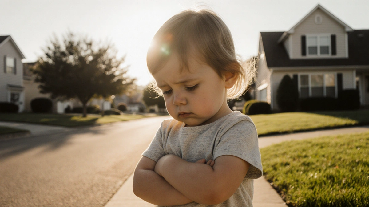 Child standing before suburban home with arms crossed and eyes looking down in worried expression in sunlit neighborhood.