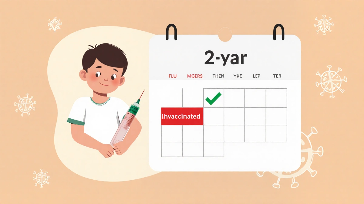Child vaccination calendar shows missed date in red with green checkmark for upcoming flu shot and tiny flu icons
