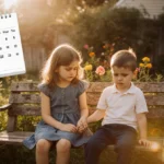 Two children sit together on wooden bench with sister holding brother