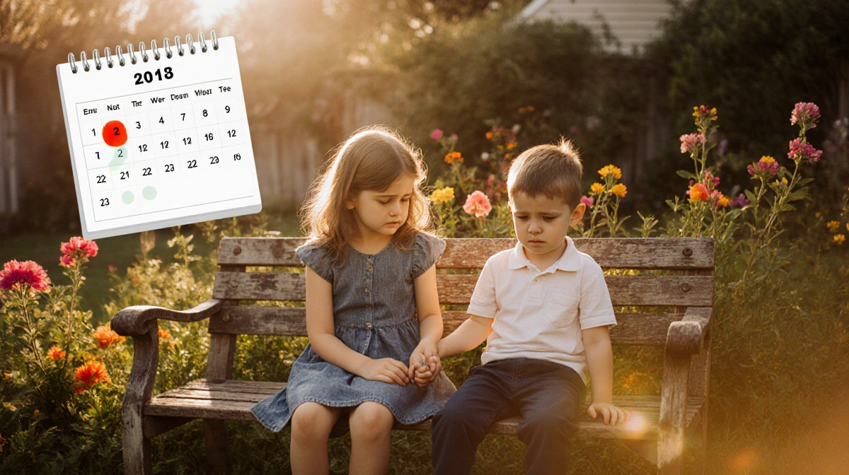Two children sit together on wooden bench with sister holding brother