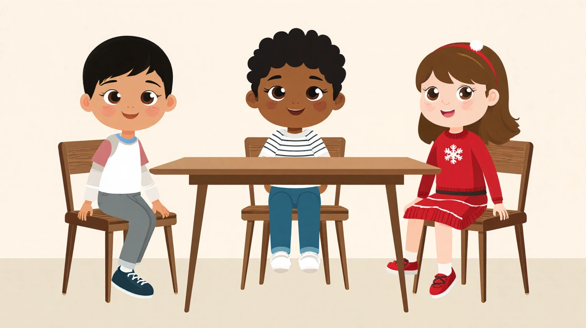 Three children sit at a table with cheerful smiles and colorful seasonal outfits sharing a joyful family birthday moment.