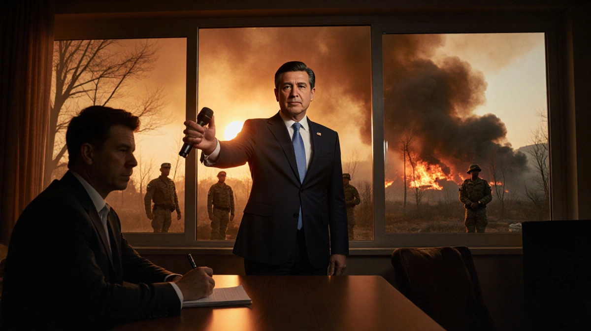 Chile's president speaks urgently into microphone with wildfire smoke and military personnel visible behind