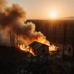 Wildfire engulfs Chilean forest with flames consuming wooden cabin and smoke rising into sunset sky