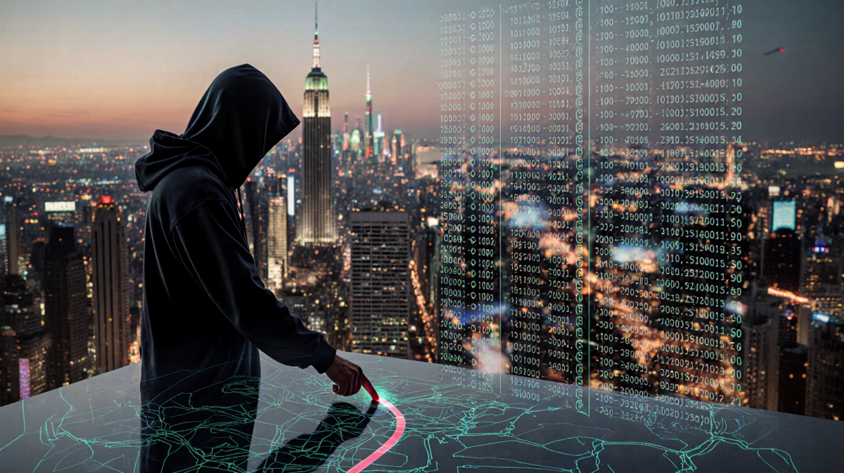Hooded figure tracing invisible path on city map with neon skyscrapers and swirling crypto data in background.