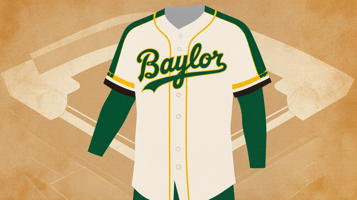 Chip Gaines baseball jersey with Baylor University logo and vintage stadium background