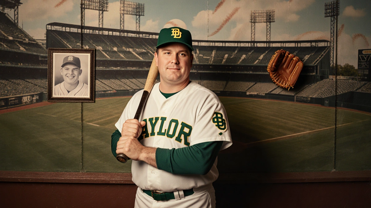 Chip Gaines stands at Baylor baseball field with vintage glove and bat wearing his high school uniform showing nostalgic prid