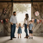 Chip and Joanna Gaines stand hand in hand with their children beside a rustic barn door decorated with baseball accents and b