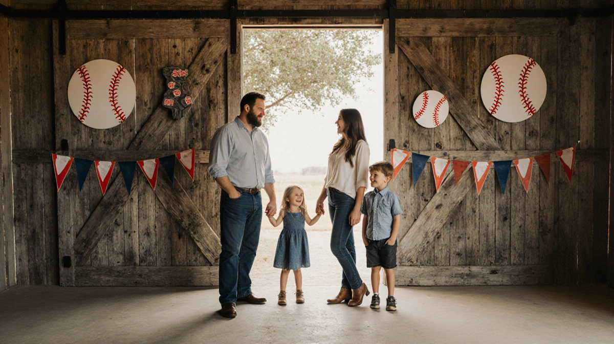 Chip and Joanna Gaines stand hand in hand with their children beside a rustic barn door decorated with baseball accents and b