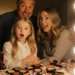 Chloe Chrisley playing with makeup at vanity while Todd and Julie watch with amused smiles