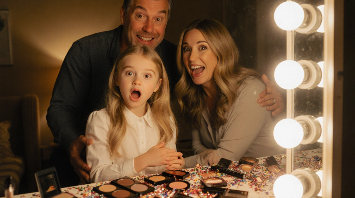 Chloe Chrisley playing with makeup at vanity while Todd and Julie watch with amused smiles