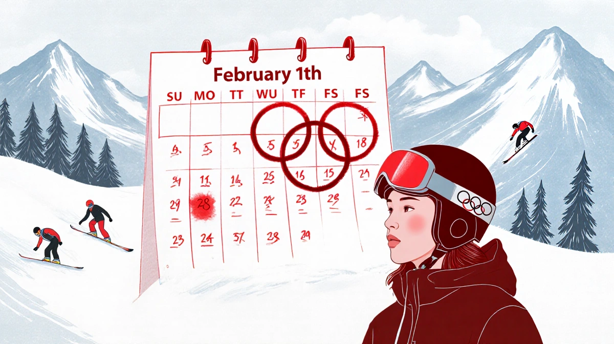 Chloe Kim wearing helmet and goggles with Olympic rings on February 11 calendar and skiers on snowy mountain behind