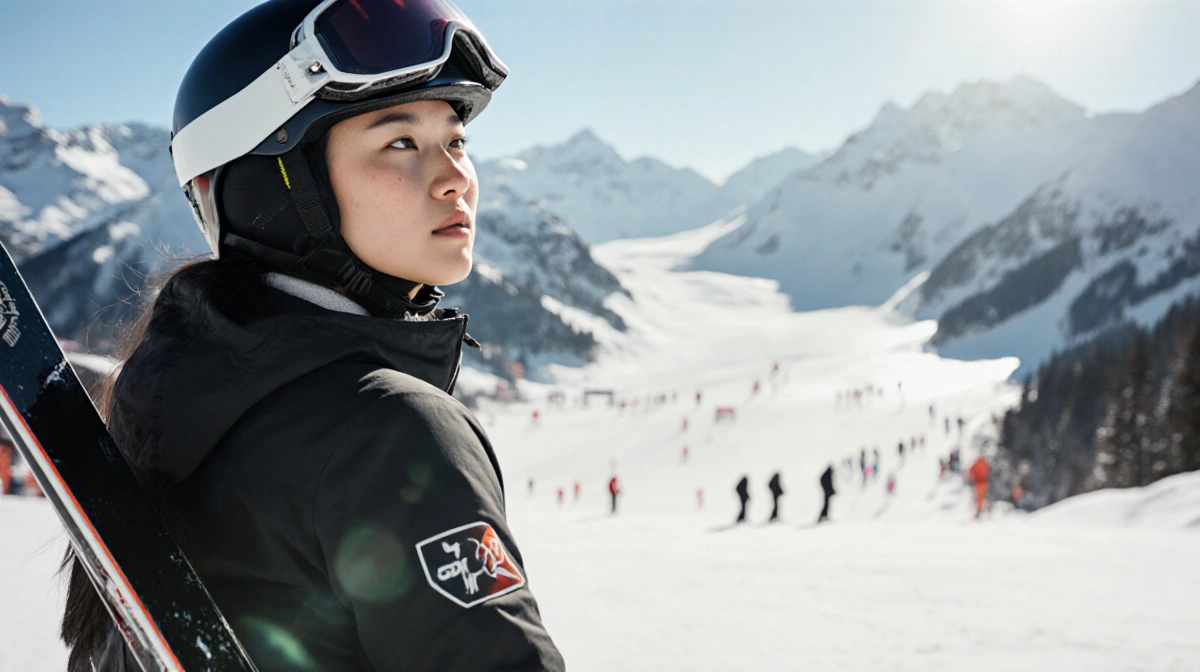 Chloe Kim stands with skis and helmet looking determined at snow-capped Swiss mountains with skiers visible on distant slopes