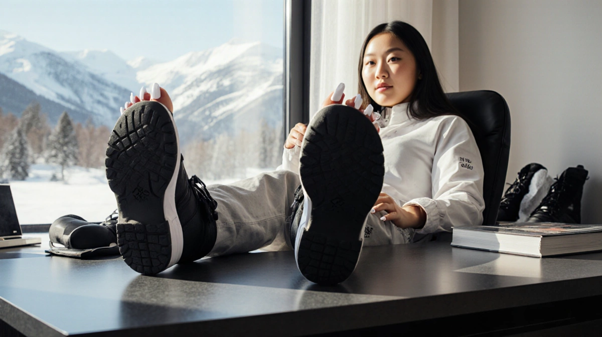 Hero Image: Chloe Kim, Olympic snowboarder, sits comfortably with her feet elevated on a sleek, modern desk, surrounded by sn