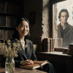 Chloé Zhao sits holding a journal with wildflowers on her lap in a rustic study