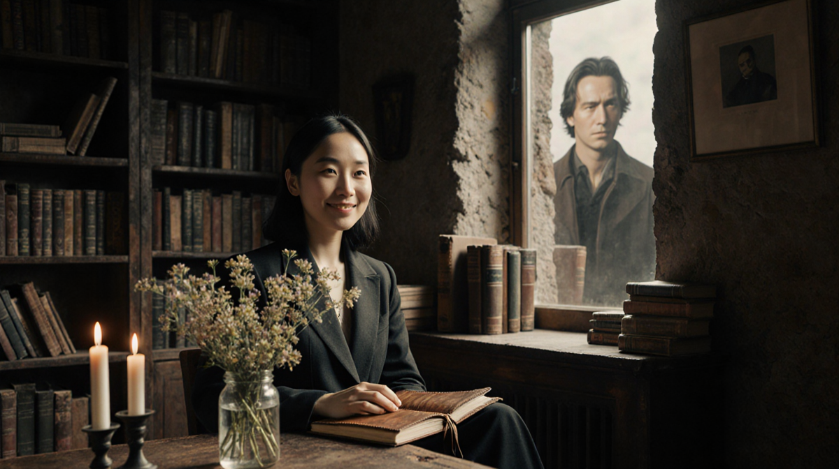 Chloé Zhao sits holding a journal with wildflowers on her lap in a rustic study