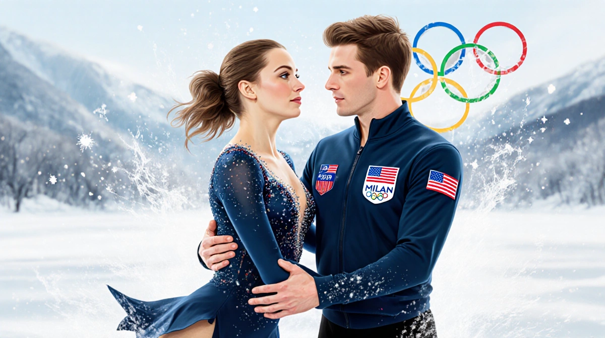 Ice dancers Chock and Bates performing with arms entwined in matching Olympic uniforms with the 2026 Milan Cortina logo and f