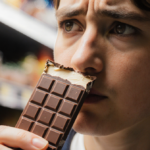 Person holding chocolate bar with worried expression and creamy filling visible under recall notice near grocery shelf