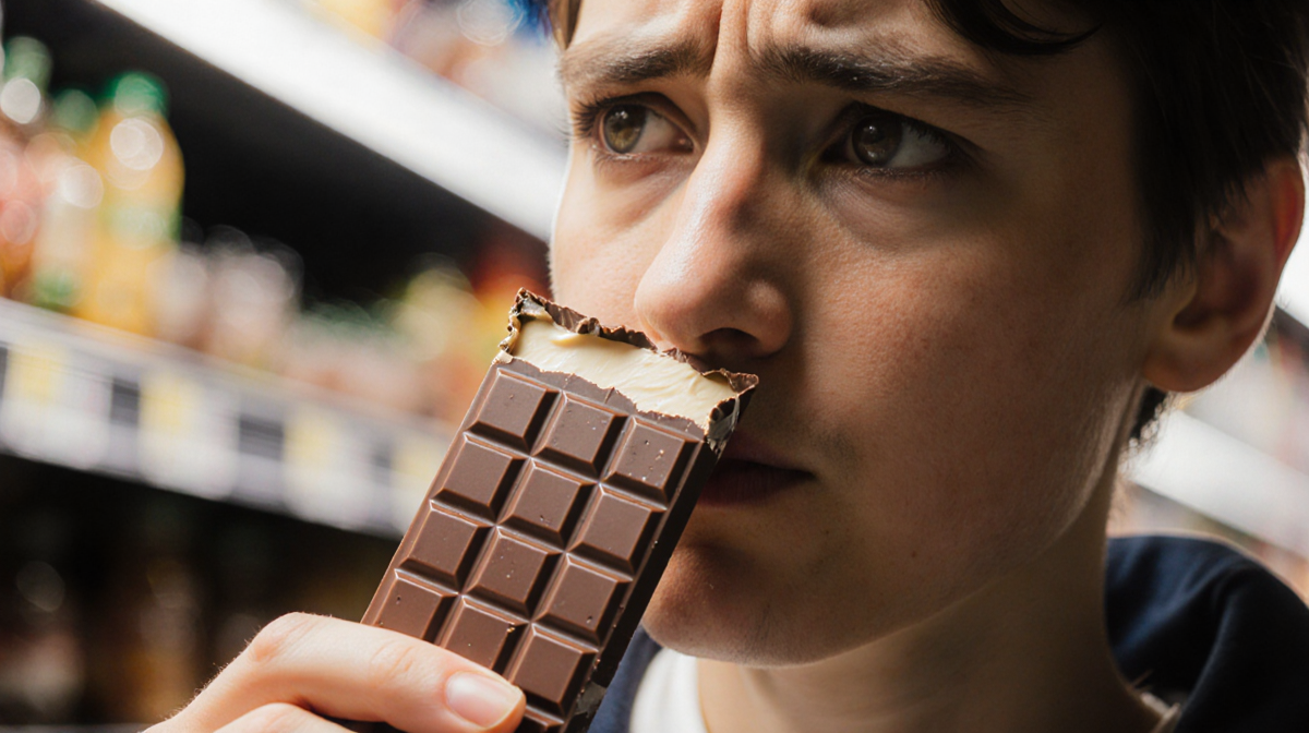 Person holding chocolate bar with worried expression and creamy filling visible under recall notice near grocery shelf
