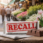 Chocolate bar packaging showing a bold red RECALL stamp with natural light and a newspaper clipping on a worn wooden table