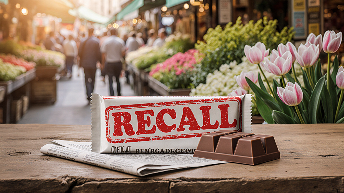 Chocolate bar packaging showing a bold red RECALL stamp with natural light and a newspaper clipping on a worn wooden table