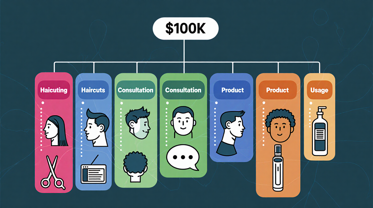 Diagram showing a $100K haircut with columns for haircutting consultation product icons like scissors speech bubble bottle