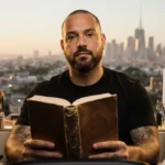 Chris Appleton gazes at camera with vulnerability while holding a worn book at his vanity with hair tools and client photos n