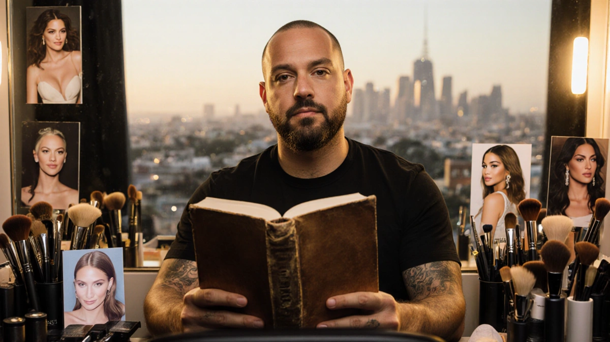 Chris Appleton gazes at camera with vulnerability while holding a worn book at his vanity with hair tools and client photos n