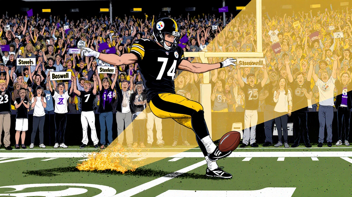 Chris Boswell kicking a football with ball flying wide of uprights in a stadium with fans holding Boswell signs
