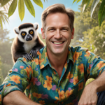 Chris Kratt sits on a colorful tree branch with a lemur on his shoulder smiling at the camera amid lush tropical foliage