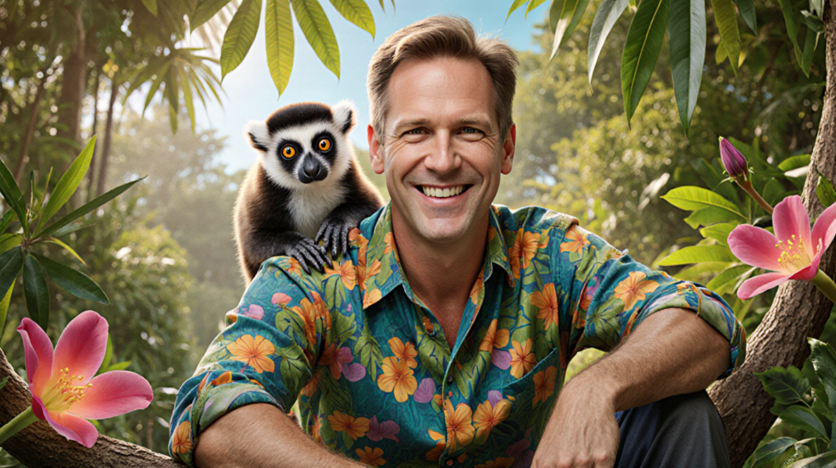 Chris Kratt sits on a colorful tree branch with a lemur on his shoulder smiling at the camera amid lush tropical foliage