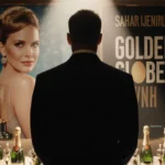 Chris Noth stands alone in dressing room with scattered Golden Globes and Sarah Jessica Parker poster behind