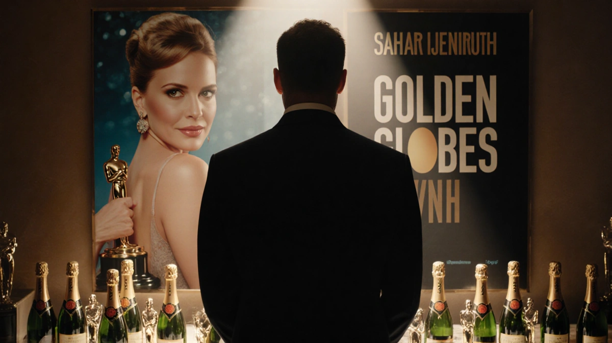 Chris Noth stands alone in dressing room with scattered Golden Globes and Sarah Jessica Parker poster behind