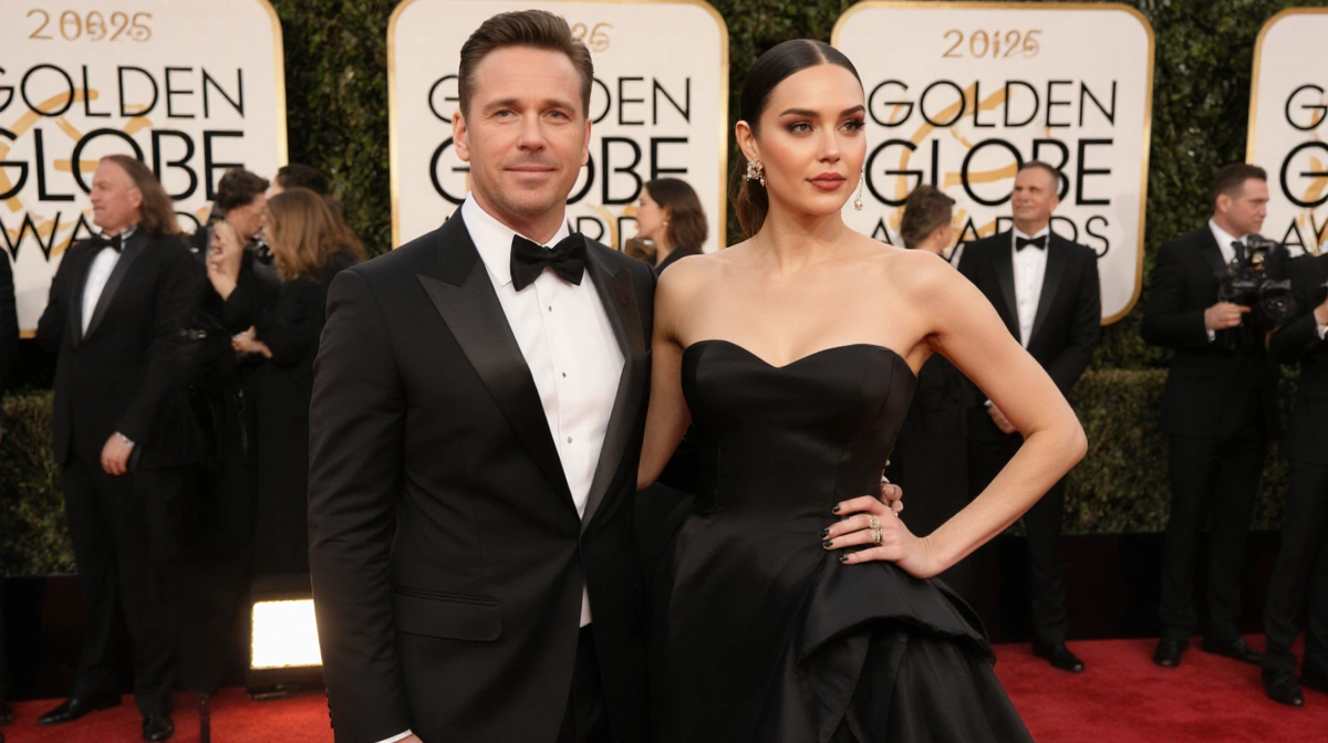 Chris Pine and Keana Sky Wenger posing together on the Golden Globes red carpet with golden lighting and elegant formal attir