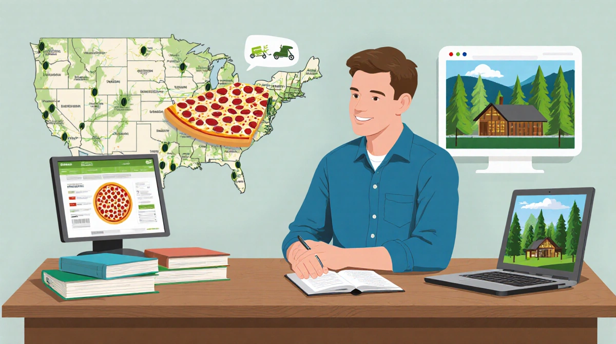 Chris Robbins working at wooden desk with maps and laptop screens showing business ventures and pizza startup ideas