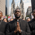 Christian leaders clasp hands in prayer with clerical collars and rosaries near a city church amid protest signs