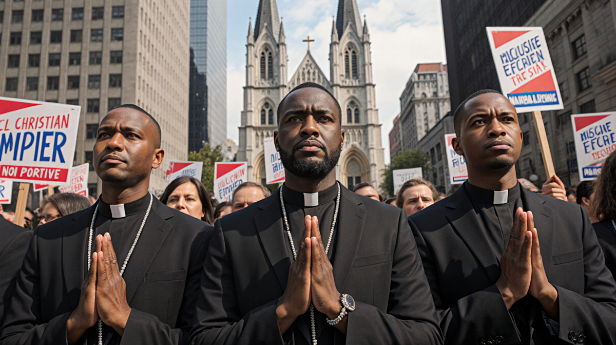 Christian leaders clasp hands in prayer with clerical collars and rosaries near a city church amid protest signs